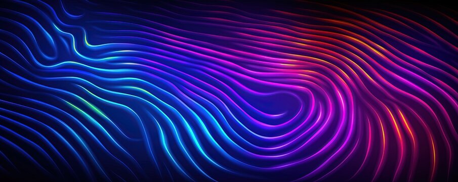Colorful abstract neon fingerprint on black background. Swirling lines design. Glowing ID wallpaper