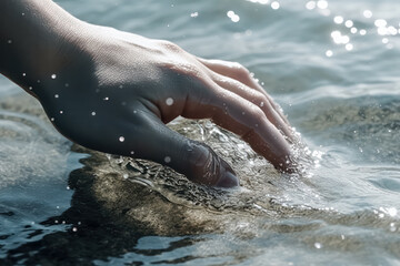 A mans hand tenderly reaches out to touch the water, connecting with natures serenity and tranquility in a harmonious moment of contemplation.