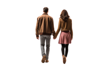 Couple walking hand in hand conveys love and romance. Isolated on a transparent background.