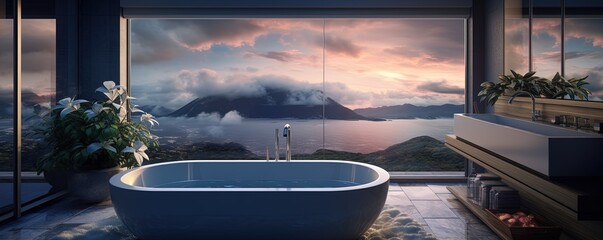 A dreamy landscape of an indoor bathroom with a wall of sky and clouds framing the breathtaking...