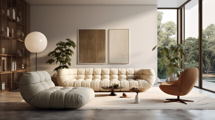 A modern living room with customizable furniture, featuring a tufted armchair and a low-profile side table