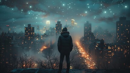 Person Standing on Hill Overlooking City at Night - obrazy, fototapety, plakaty