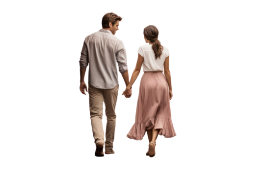 Couple walking hand in hand conveys love and romance. Isolated on a transparent background. - Powered by Adobe