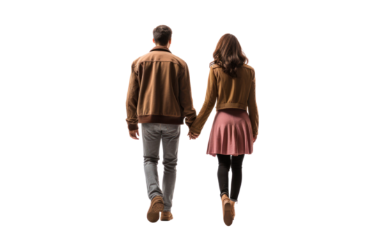 Couple walking hand in hand conveys love and romance. Isolated on a transparent background.