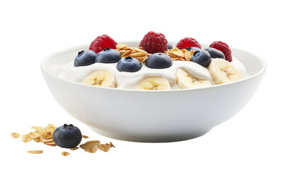 Wholesome Morning Delight: Fresh Granola Bowl with Yogurt, Fruits, and Peanut Butter on transparent background