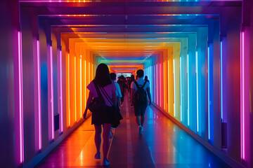 A group of people walking down a hallway with colorful lights. Neural network generated image. Not based on any actual scene or pattern. - obrazy, fototapety, plakaty