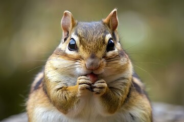 chipmunk with cheek pouches filled with food - obrazy, fototapety, plakaty