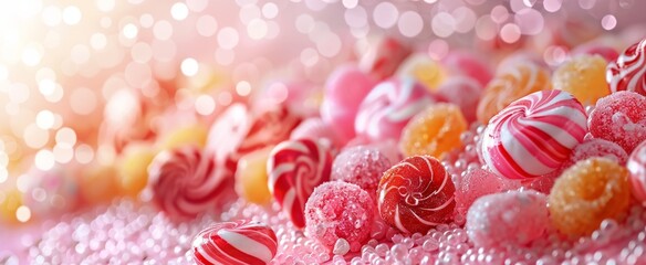 An assortment of colorful candies glistening with a bokeh effect, creating a festive and sweet atmosphere.