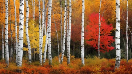 A cluster of birch trees with their white bark contrasting against the fiery colors of surrounding autumn foliage, creating a striking visual display.