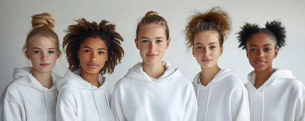 Fototapeta premium Diverse group of girls showcasing white hoodies on white background. Concept Fashion Photography, Group Portraits, Studio Photoshoot, White Outfit Trend, Modern Styling