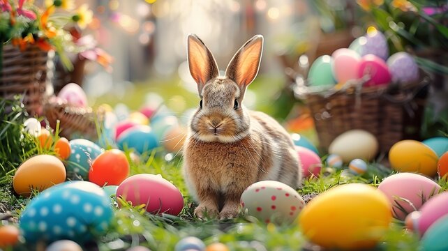 A photo of a cute bunny with easter eggs background.