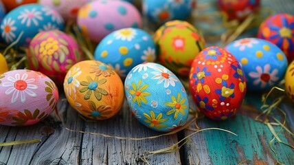 Closeup photo of colourful easter eggs. Hand painted easter eggs.