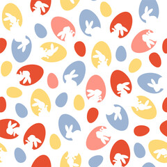 Seamless spring pattern of colorful eggs with bunnies