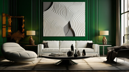 A modern living room with a bold white and green color blocking pattern on the walls