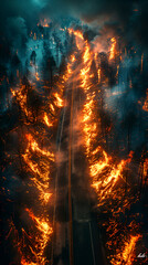 An empty road shrouded in smoke and fire, the view from a car window, burnt grass on the side of an empty road.