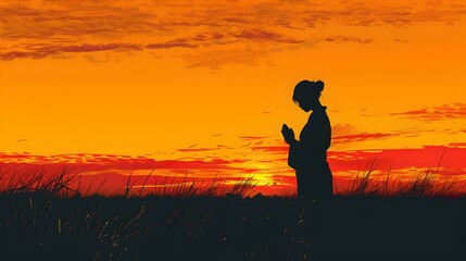 Silhouette of a person at sunset, tranquil evening sky. peaceful moment captured in nature. perfect for background use. AI