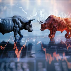 Highcontrast financial battle bull and bear icons superimposed on a detailed artistic stock chart reflecting the pulse of the market and investment dynamics - obrazy, fototapety, plakaty
