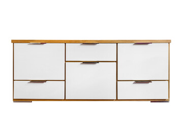 Modern furniture, chest of drawers. White wooden cabinet, front view isolated on white background.