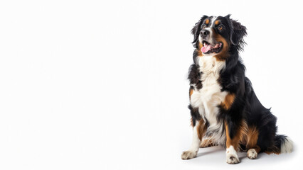 An elegant Bernese mountain dog poses with a happy expression and a slight head tilt