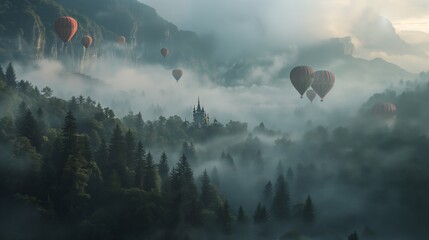 A cluster of hot air balloons soaring above a misty forest. - Powered by Adobe