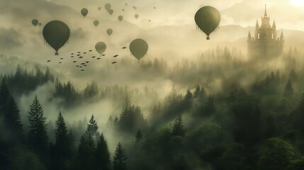 A cluster of hot air balloons soaring above a misty forest. - obrazy, fototapety, plakaty