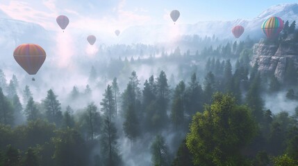 A cluster of hot air balloons soaring above a misty forest.