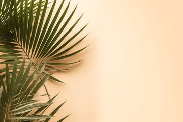 Minimalistic summer concept featuring tropical palm leaves casting shadows on a pastel beige background, evoking serene tropical vibes.