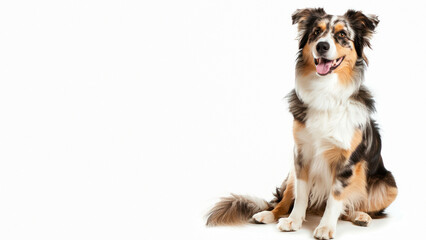A beautiful Australian Shepherd with a tricolor coat sits attentively against a white background, showcasing its vibrant markings and friendly demeanor