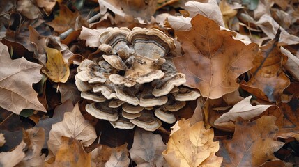 A cluster of mushrooms emerging from the forest floor, surrounded by fallen leaves in various stages of decay.