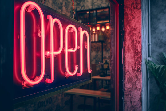 A neon sign that says Open in red letters. The sign is hanging from the ceiling and is lit up. The image has a moody and mysterious feel to it
