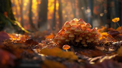 A cluster of mushrooms emerging from the forest floor, surrounded by fallen leaves in various...