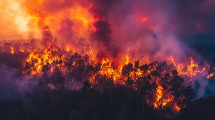 Twilight blaze aerial view captures engulfing flames and thick smoke over fiery woodland. Forest fires
