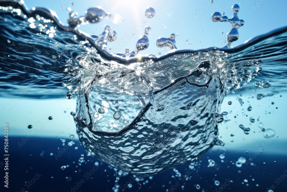 Poster an abstract depiction of water splashing against a blue background, creating a dynamic and captivati