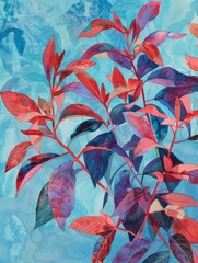 Colorful leaves set against a serene blue background. Printable Wall Art