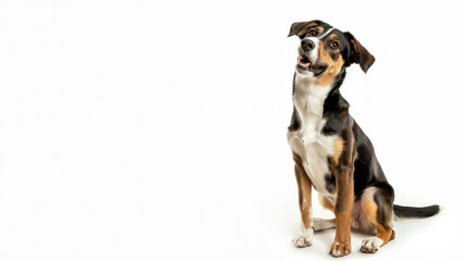 An attentive mixed breed dog exhibiting black, brown, and white coat, looking upward against a plain white background
