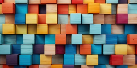 Colorful wooden blocks aligned. Wide format.