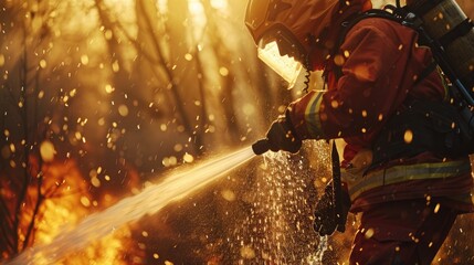Close-up of a firefighter in action, golden hour light illuminating the intense battle against a forest blaze. Forest fires