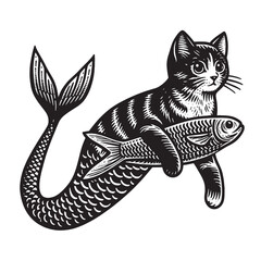 Cute mermaid tabby cat with fish. Old vintage engraving illustration. Hand drawn outline graphic. Logo, emblem, icon. Isolated object, cut out. black and white