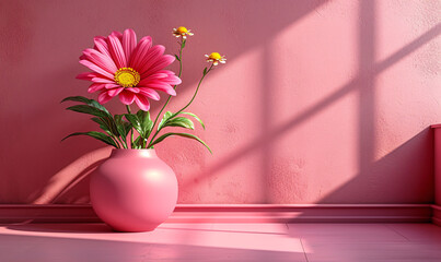 Vibrant Pink Daisy in a Matching Vase Against a Textured Wall, Illuminated by Natural Light Creating Beautiful Shadows - Ideal for Home Decor and Interior Design Themes