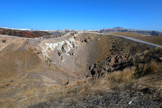 General view of Nea Kameni volcano in the middle of the caldera in the island of Santorini, Greece