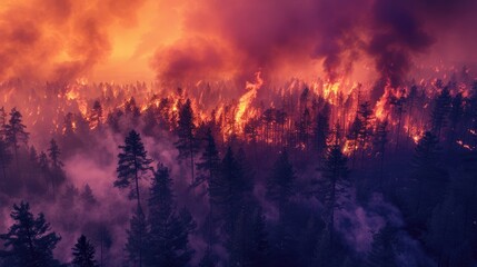 Dramatic aerial shot of dusk forest fire, with vivid flames and sprawling smoke against a vibrant sky. Forest fires