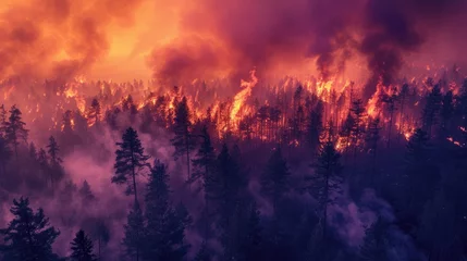Fototapeten Dramatic aerial shot of dusk forest fire, with vivid flames and sprawling smoke against a vibrant sky. Forest fires © cvetikmart