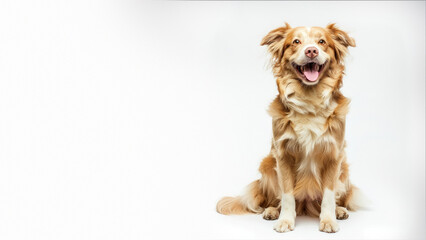 Cheerful golden dog with a fluffy coat sitting with an open mouth looking happy on a white backdrop
