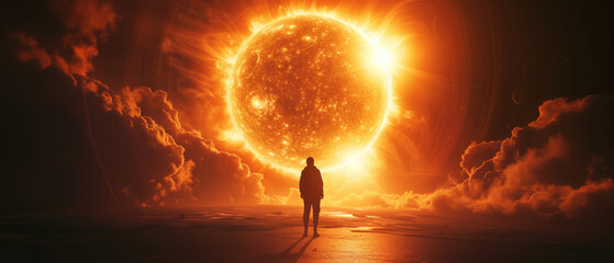 cinematic shot of a dark human silhouette standing imposingly before an enormous sun, set against the cosmic backdrop of space