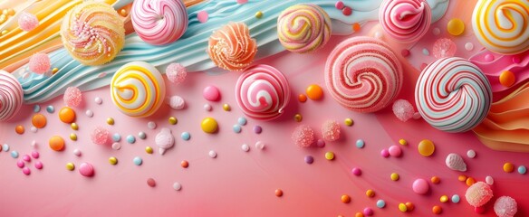 Colorful candy composition with swirling lollipops and sugary decorations on a pastel pink background.
