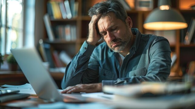 A man in his late forties experiencing a moment of frustration while working at his desk, wiping sweat from his forehead, depicting stress and hot flashes associated with andropause