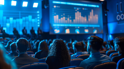 Rear view of an audience engaged in a data analytics presentation at a corporate conference with a focus on the screen