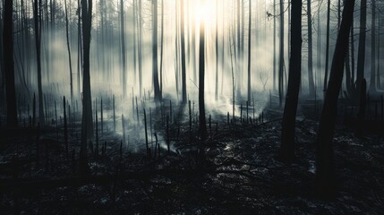 Morning light reveals eerie quiet and smoldering fog in forest fire's aftermath. Forest fires