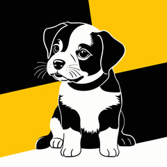 Cute black and white puppy. Drawing on yellow and black background