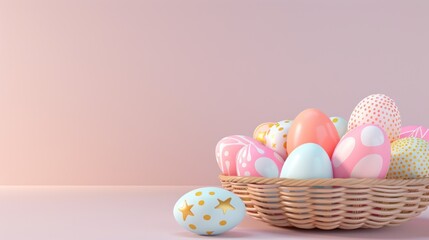 pastel Easter eggs arranged in a charming basket on a soft and minimal pastel background, Easter-themed presentations, decorations, or promotional materials